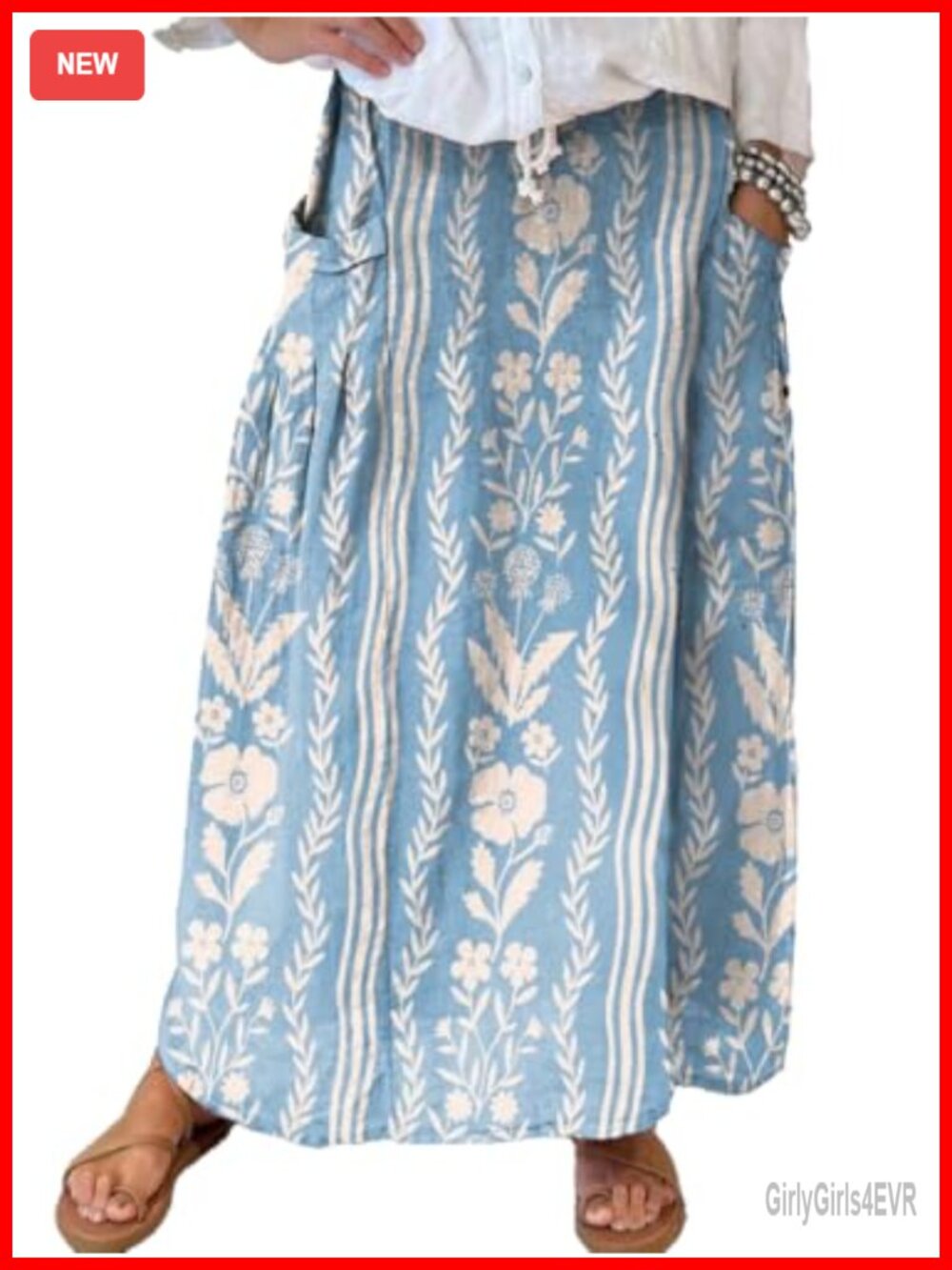 Cotton High Waist A-Line Maxi Skirt with Pockets Vertical Striped Floral
